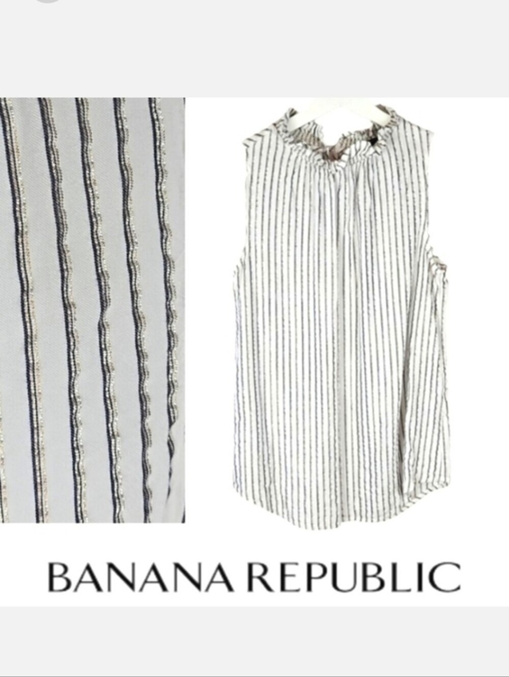 Banana Republic Metallic Ruffle Blouse Top Work Bling White Gold Striped, XS